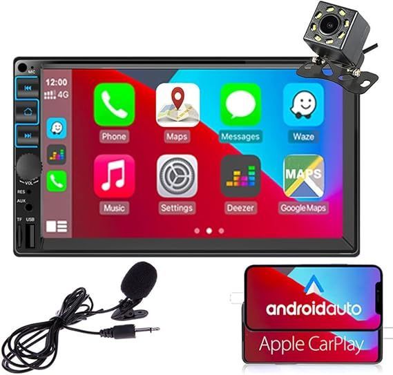 7 インチ タッチスクリーン カーラジオ オーディオプレーヤー for CarPlay AndroidAuto対応 2DIN USB/Bluetooth ハンズフリー 電話ミラーリン HD 8 LEDリアビューカメラと外部マイク付き