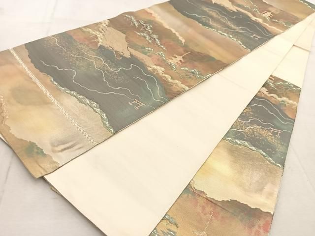 平和屋着物◎西陣 服部織物謹製 六通柄袋帯 厳島風景文 こはく錦 金