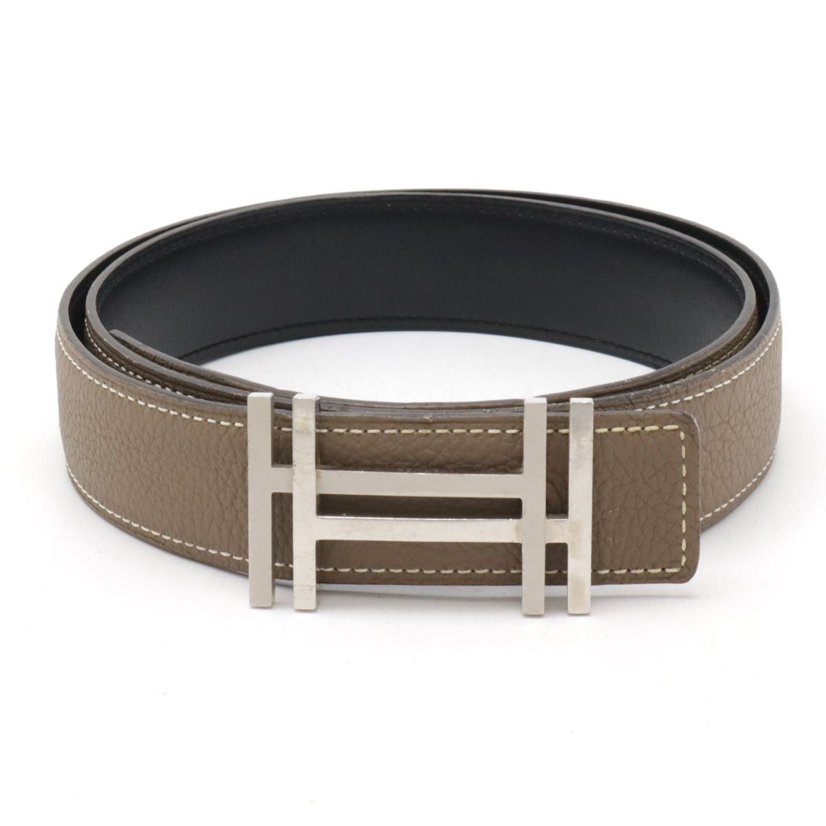 HERMES エルメス H オ カレ アッシュ オ カレ Hベルト リバーシブル レザー エトゥープ ブラック 黒 シルバー金具 #85 H刻印