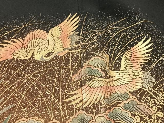 新品正絹黒留袖 作家物 群れ鶴花鳥文 金彩 ⑤ 平和屋着物□豪華黒留袖 作家物 飛鶴花文 金彩 正絹 逸品