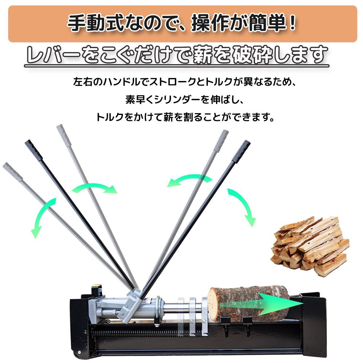 油圧式薪割機 12t 油圧式 粉砕力12トン 手動 電源不要
