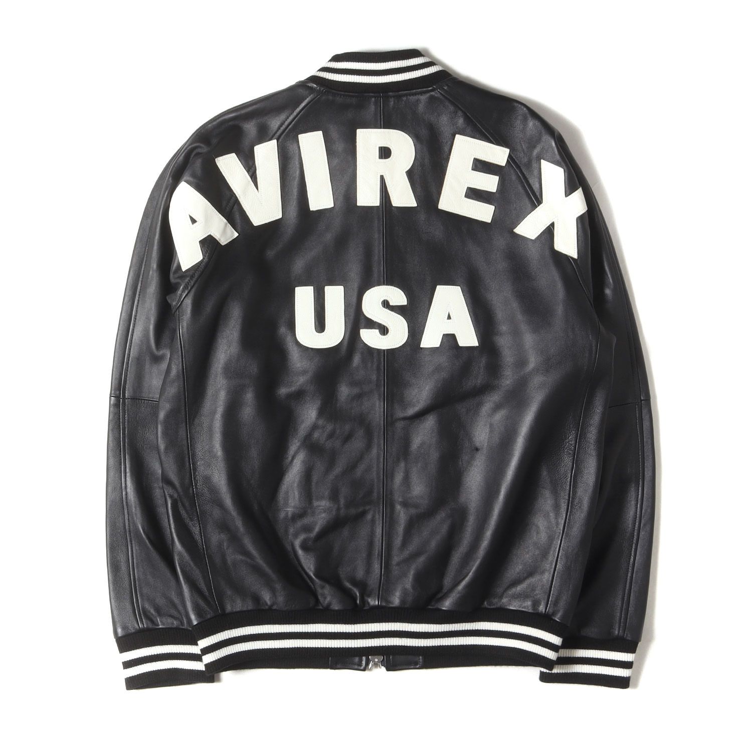AVIREX アヴィレックス ジャケット ブラック 黒 サイズ XL バックロゴ シープスキンレザー バーシティ ジャケット BUCK LOGO SHEEP JEASEY JKT アウター ブルオン 上着 メンズ