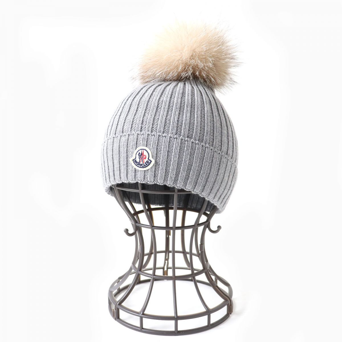 Moncler グレー ニット帽 ファー付きポンポン MONCLER ニット帽 L グレー ポンポン付き MONCLER グレー ニット