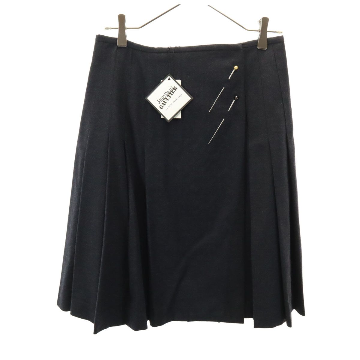 ♥ JEAN-PAUL GAULTIER ジャンポールゴルチエ ミディ丈 フラノウール ラップ プリーツスカート 42 チャコールグレー レディース 古着