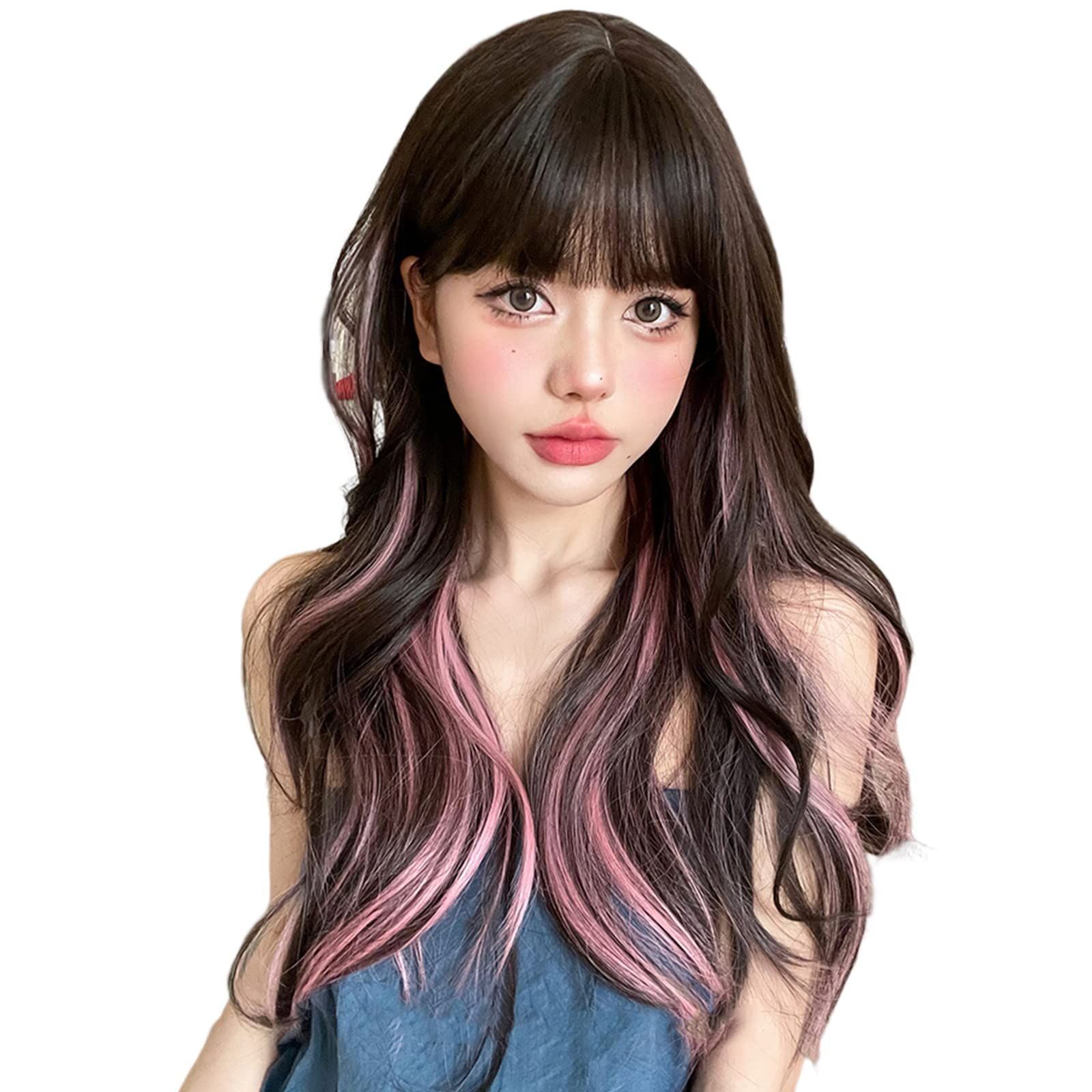 ウィッグ 巻きロング インナーカラー フルウィッグ カール 混合色カツラ ぱっつん前髪 HAIRCUBE wig 小顔 耐熱 医療用  ネッ付き（ブラック・インナーカラーピンク） - メルカリ