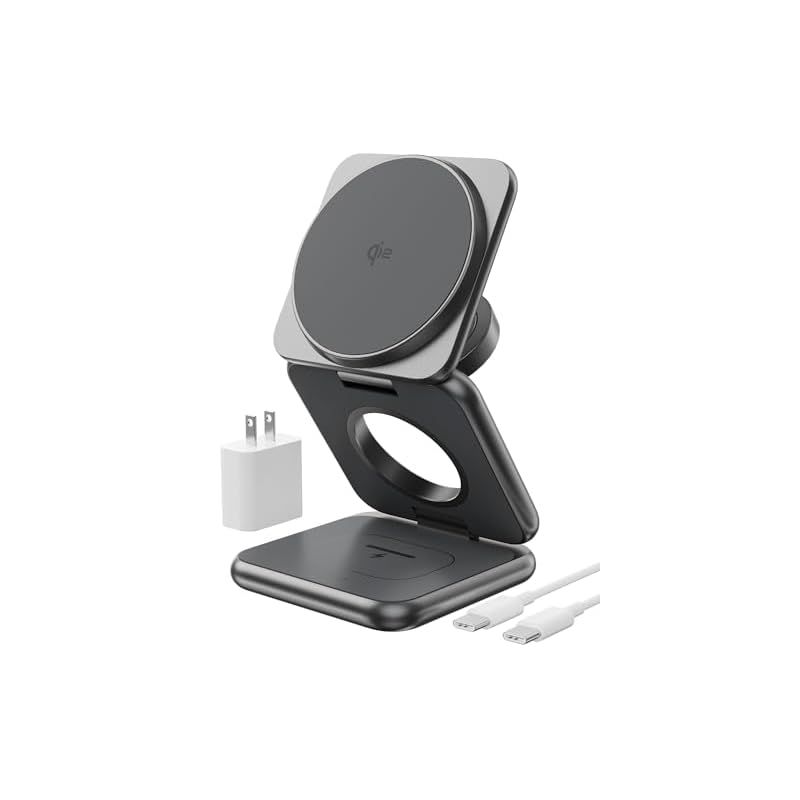 KUXIU Qi2認証済み ワイヤレス充電器 3in1 Qi2 充電器 スタンド Qi2 Magsafeスタンド 置くだけ充電 最大15W 急速充電器 iphone用ワイヤレス充電器 iPhone16|15|14|13|12シリーズ対応 AirPods|ア 1