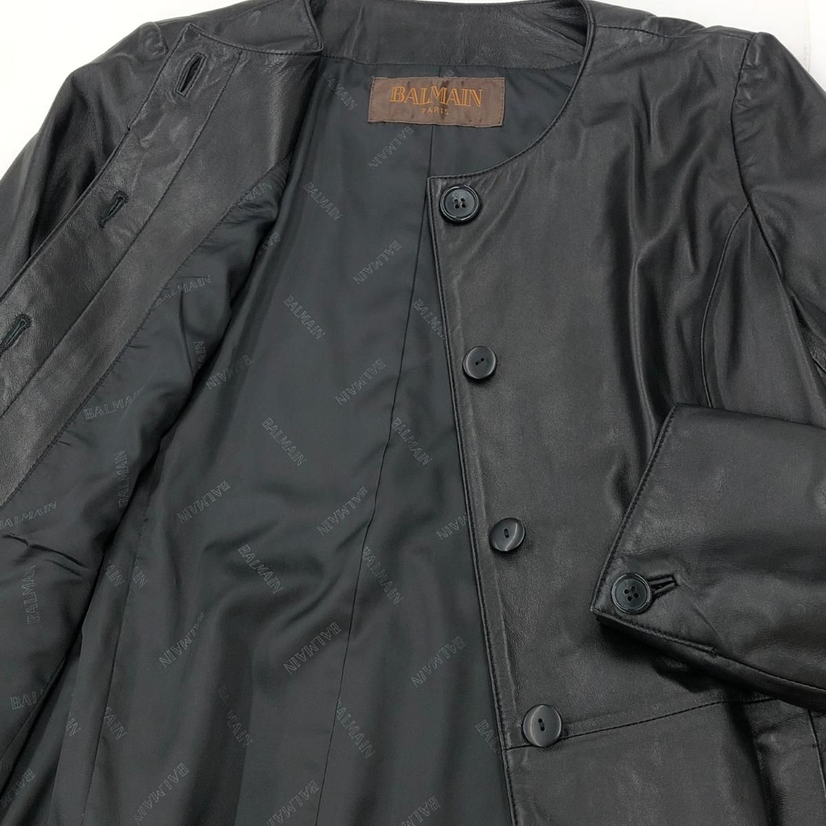 良好 BALMAIN PARIS バルマン  レザーコート 13  ブラック 羊革 ラムレザー レディース ノーカラー　240002224026 良好 BALMAIN PARIS バルマン レザーコート 13 ブラック 羊革
