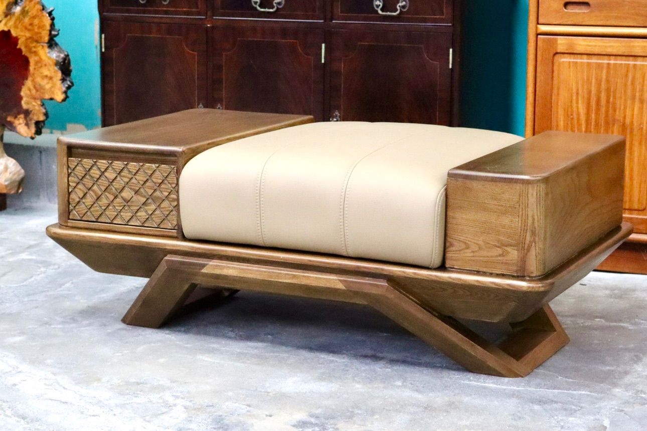 GMIS273○シングルソファ 1人掛けソファ ベンチ 椅子 本革 引き出し 収納付き 木製 無垢材 彫り クラシック アジアン 展示品