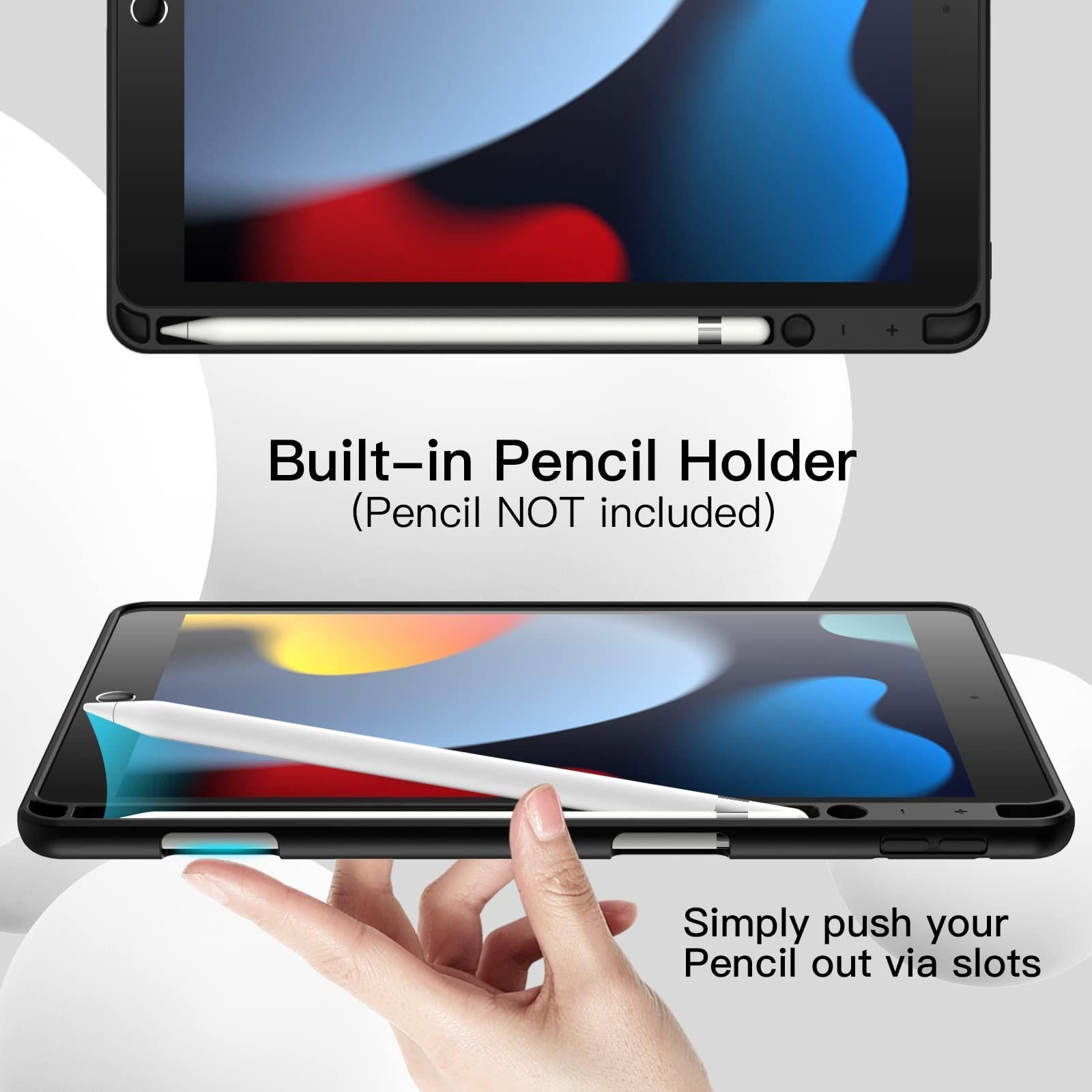 ブラック JEDirect iPad 10.2インチ ケース (2021/2020/2019モデル、第9/8/7世代用) Pencilホルダー付き ソフトTPUバック スリム保護カバー オートウェイクアップ/スリープ機能付き (ブラック)