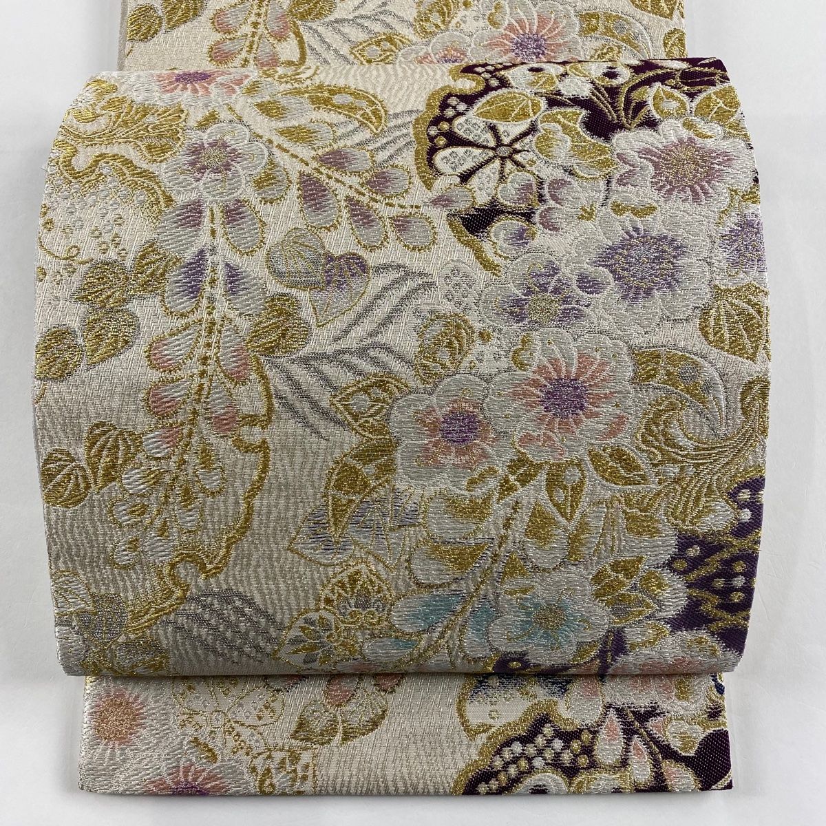 袋帯 秀品 やまと 草花 雪輪 金銀糸 刺繍 クリーム 六通 正絹