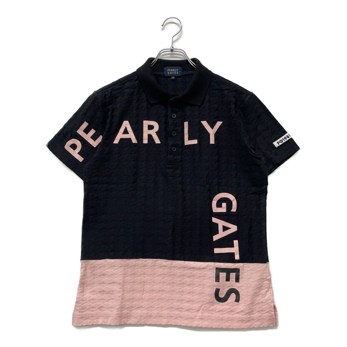中古 メンズ パーリーゲイツ PEARLY GATES 半袖ポロシャツ 4(M) ブラック×ピンク ロゴプリント 千鳥格子柄