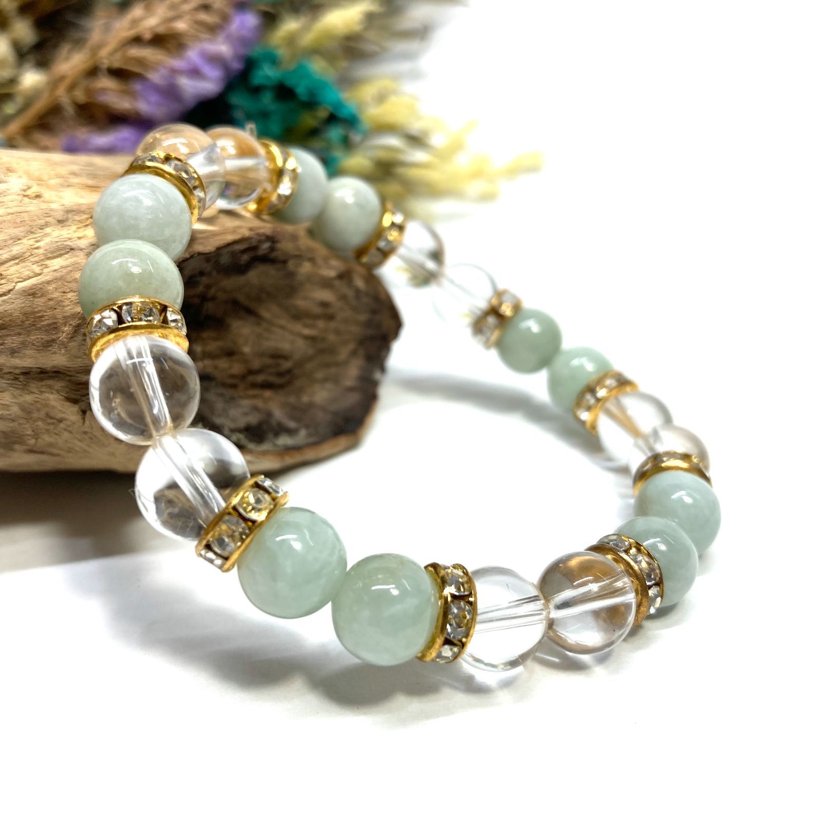 ビルマ翡翠&水晶 パワーストーン ブレスレット 天然石ブレス (ゴールド