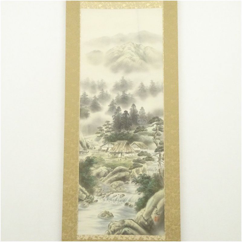 棚橋玄道筆 四神相応山水 肉筆絹本掛軸（共箱）掛け軸 床の間 書