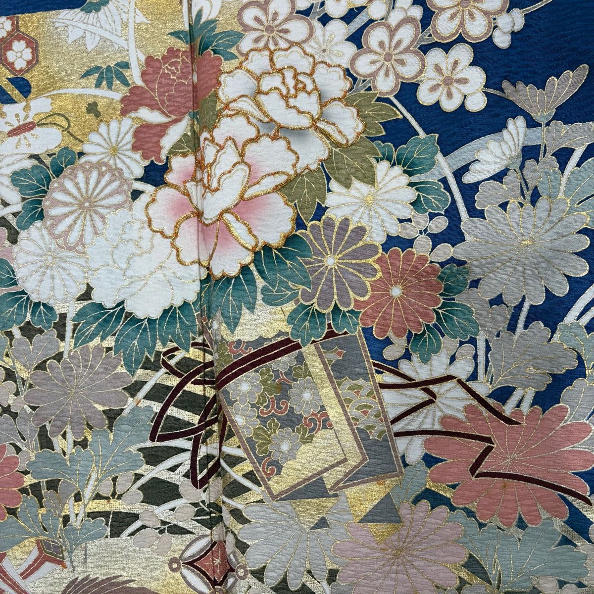 振袖 身丈162cm 裄丈67cm M 袷 花束 鶴 金糸 金彩 青 正絹 秀品