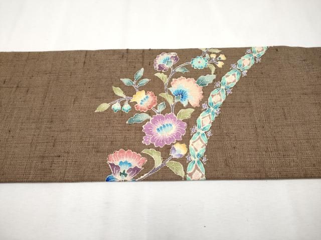 平和屋本店□極上 岡重謹製 OKAJIMA 九寸名古屋帯 紬地 花唐草文 黄枯