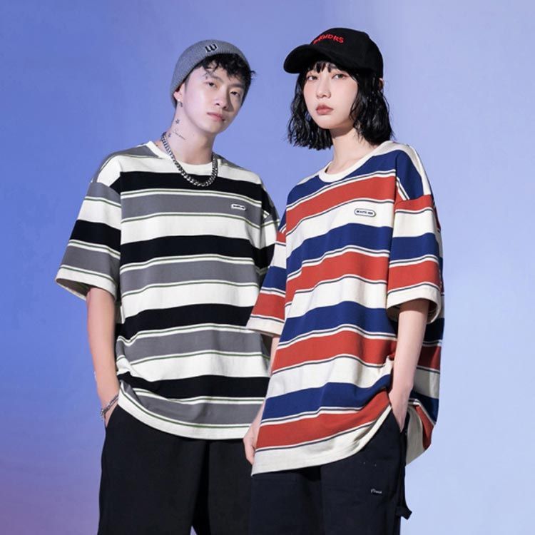 メンズ レディース ゆったり半袖 Tシャツ 男女兼用    7 ボーダー柄 Tシャツ コットン Tシャツ 半袖Tシャツ メンズ レディース