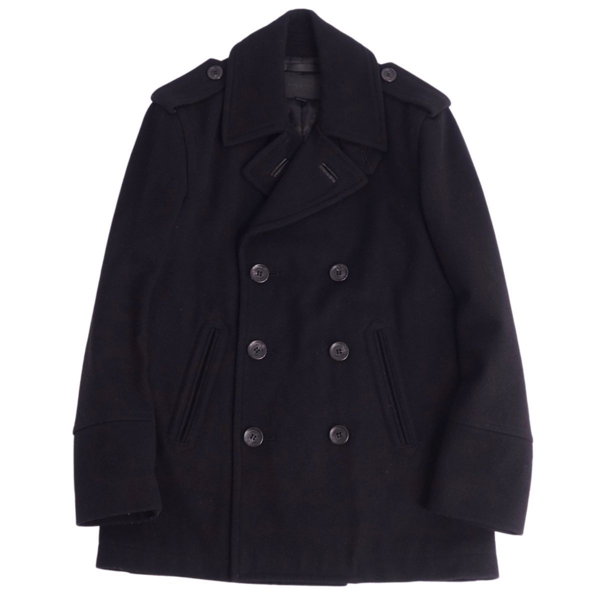 美品 コーチ COACH コート Pコート ダブルブレスト 中綿入り ウール 無地 アウター メンズ XS ブラック