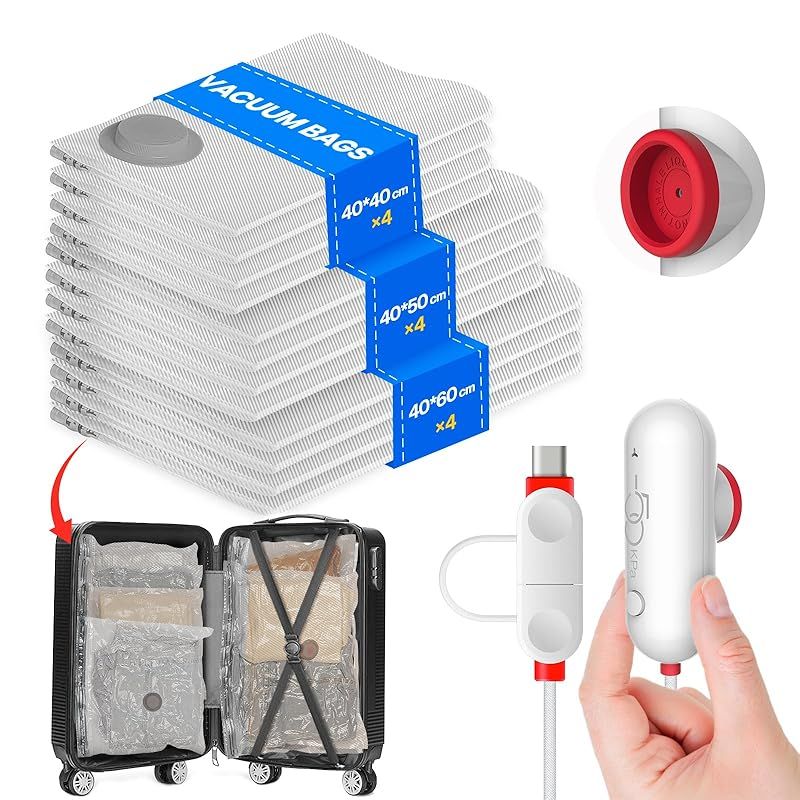 Vacbird 旅行用圧縮袋 12枚入 衣類 圧縮袋 USB給電 電動ポンプ付き 衣類収納 真空収納袋 圧縮袋 ポンプ 吸引機 真空圧縮 スペース節約 服 収納 圧縮袋 旅行 引越し 出張 衣類整理 海外旅行 修学旅行 家族旅行 荷物 便利グッズ 40*4 0