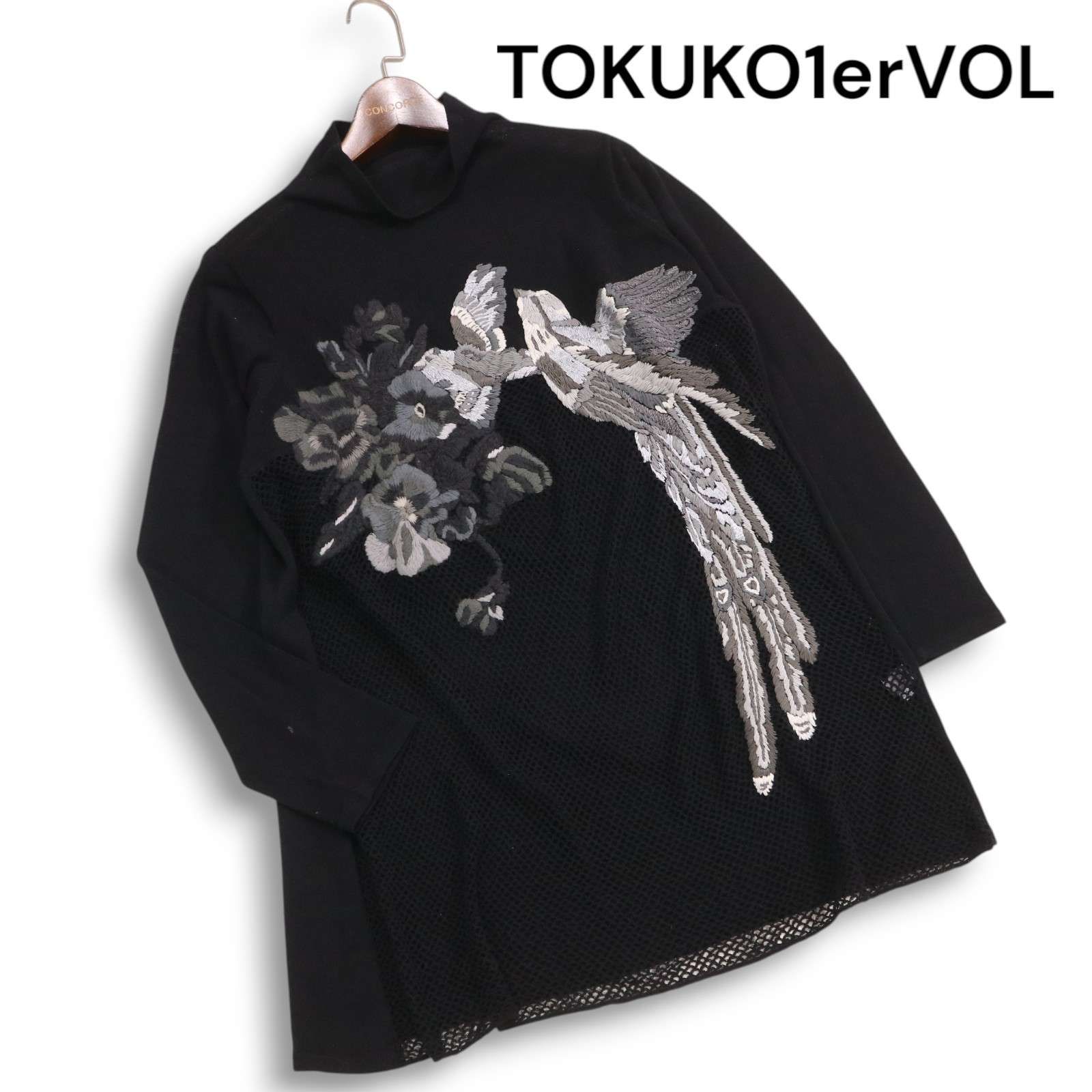 『美品』⭐️トクコプルミエヴォル⭐️黒地に透け感のある花柄の刺繍柄チュニック❣️ 美品☆TOKUKO1erVOL トクコプルミエヴォル 通年 花柄 バード刺繍