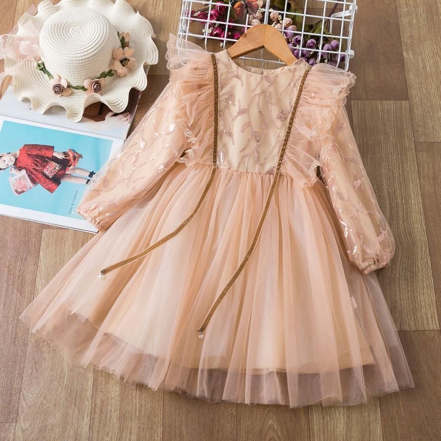 子供ドレス ワンピ　レース春秋 長袖 ワンピース フリルワンピース 女の子 かわいい ワンピ Aライン 女の子ワンピース キッズワンピース　結婚式　発表会 入園式