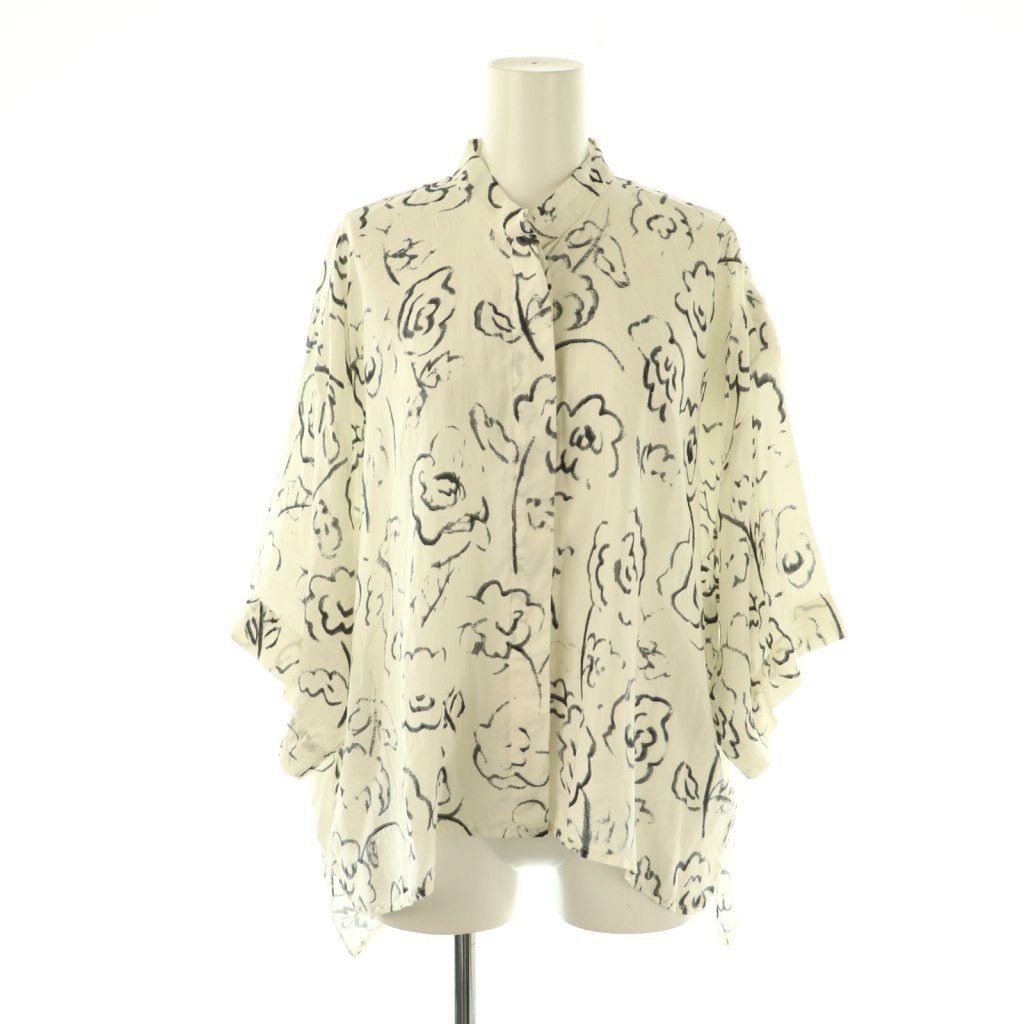 ミー mii 25SS PRINTED HALF SLEEVE SHIRT シャツ 五分袖 シルク M ホワイト チャコールグレー |ES OS
