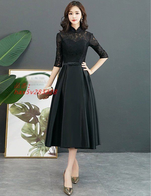 ドレス 大人 ピアノ 発表会 ミモレ丈 ぽっちゃり ステージドレス 演奏会 袖付き ピアノ発表会 ワンピース Aライン 大きいサイズ イブニングドレス hax5v283328