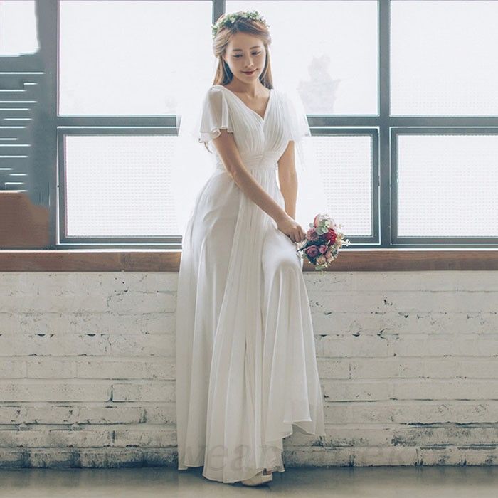 結婚式 シフォン リボン ドレス ワンピース エレガント 韓国 マキシワンピース ウエディングドレスシフォン 韓国風 オシャレ