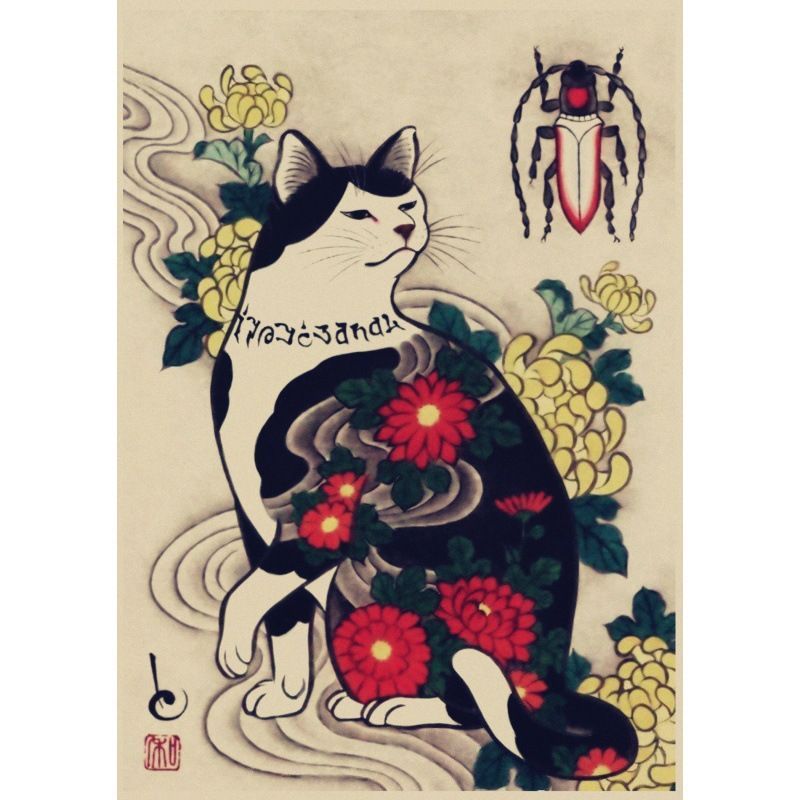 猫の絵 A3 入れ墨 猫 tatoo cat 絵 クラフト紙 猫画 猫グッズ 彫