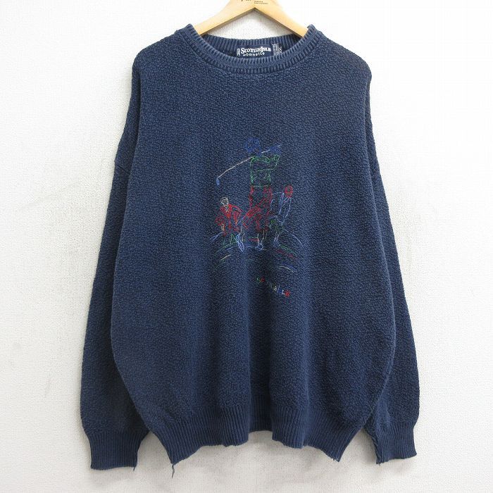 XL/古着 長袖 セーター メンズ 90s ゴルフ 刺繍 手織り コットン クルーネック 紺 ネイビー spe 24nov20 中古 ニット トップス