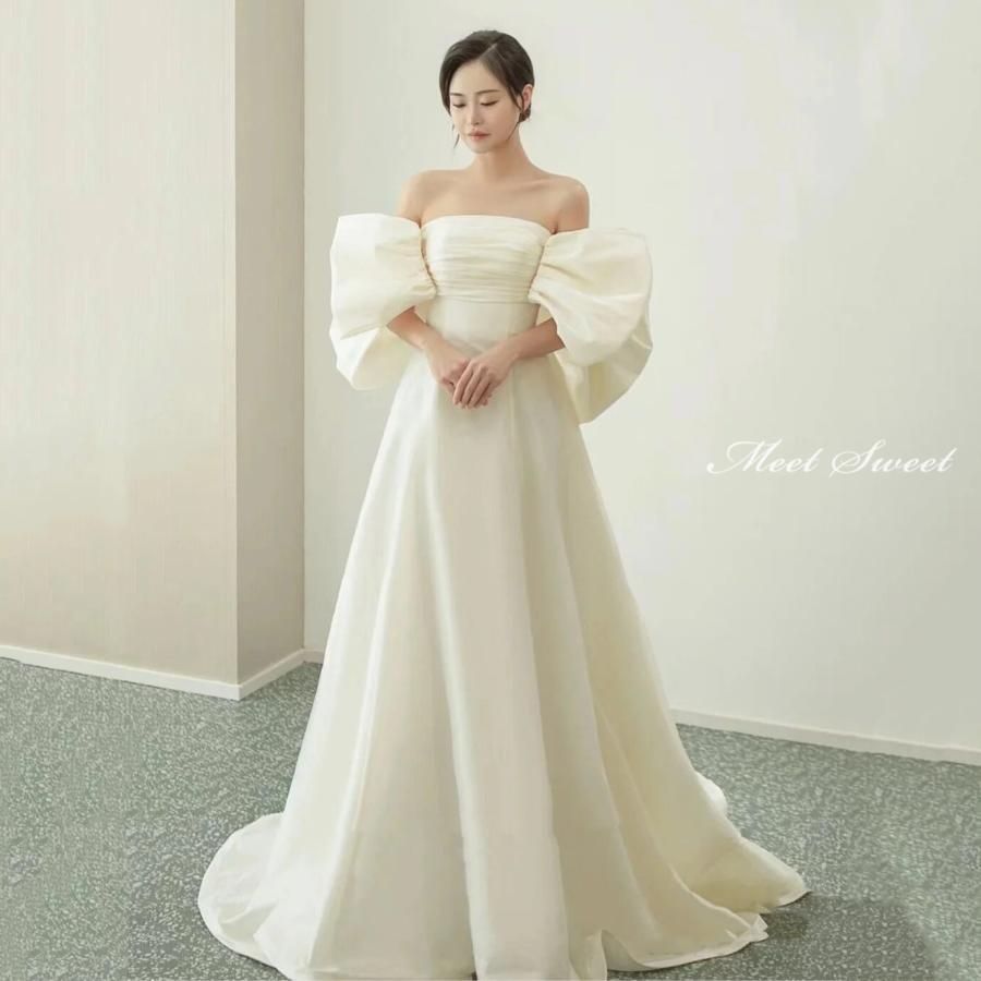 ウェディングドレス ウエディングドレス 二次会 結婚式 披露宴 前撮り ブライダル ロングドレス 花嫁 Aラインドレス サテン オフショルダー