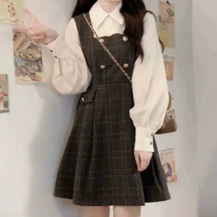 新品】ガーリー♡チェック柄フェイクツーピースワンピース レディース 
