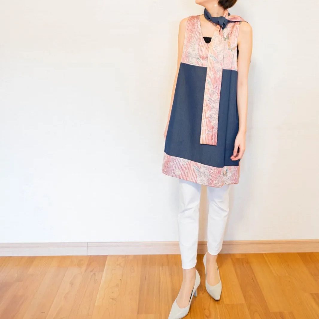 Kanata着物リメイク 煌めくきらら絞りとシルクデニムのチュニック ストール付
