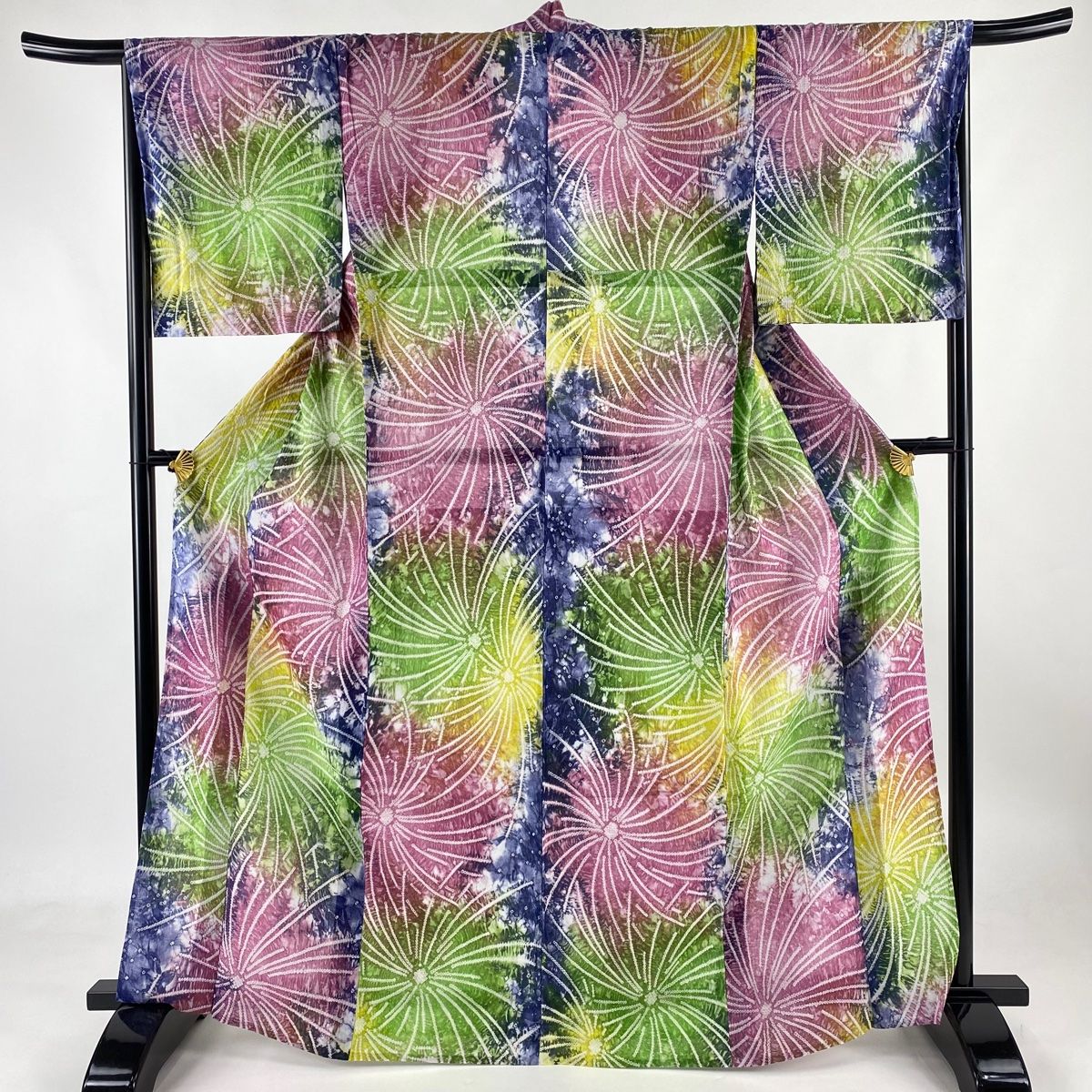 浴衣 身丈167cm 裄丈67cm M 絞り浴衣 花火 幾何学 絞り ピンク 綿 美品 名品 【】