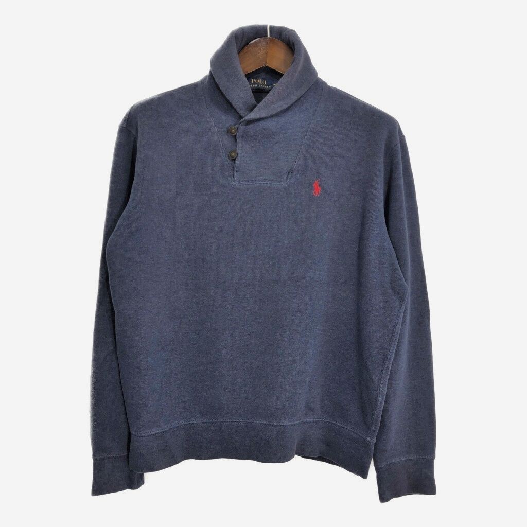 Polo by Ralph Lauren ポロ ラルフローレン ショールカラー コットンニット セーター ワンポイントロゴ ブルー (メンズ M) 中古 古着 S0362