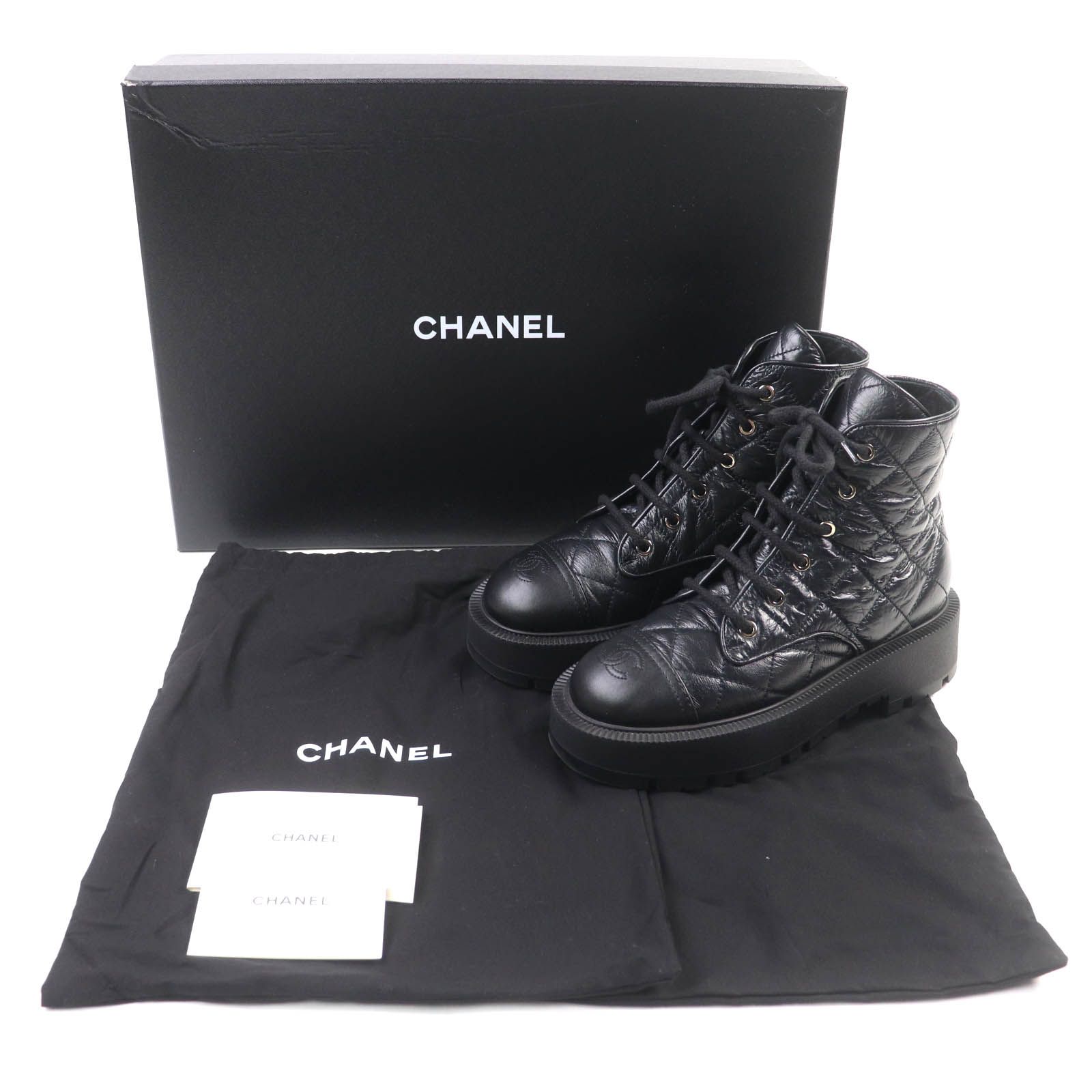 CHANEL シャネル AW 24 A G 45833 ココマーク マトラッセ レースアップ レザー コンバットブーツ ブラック 38 保存袋付き イタリア製 レディース