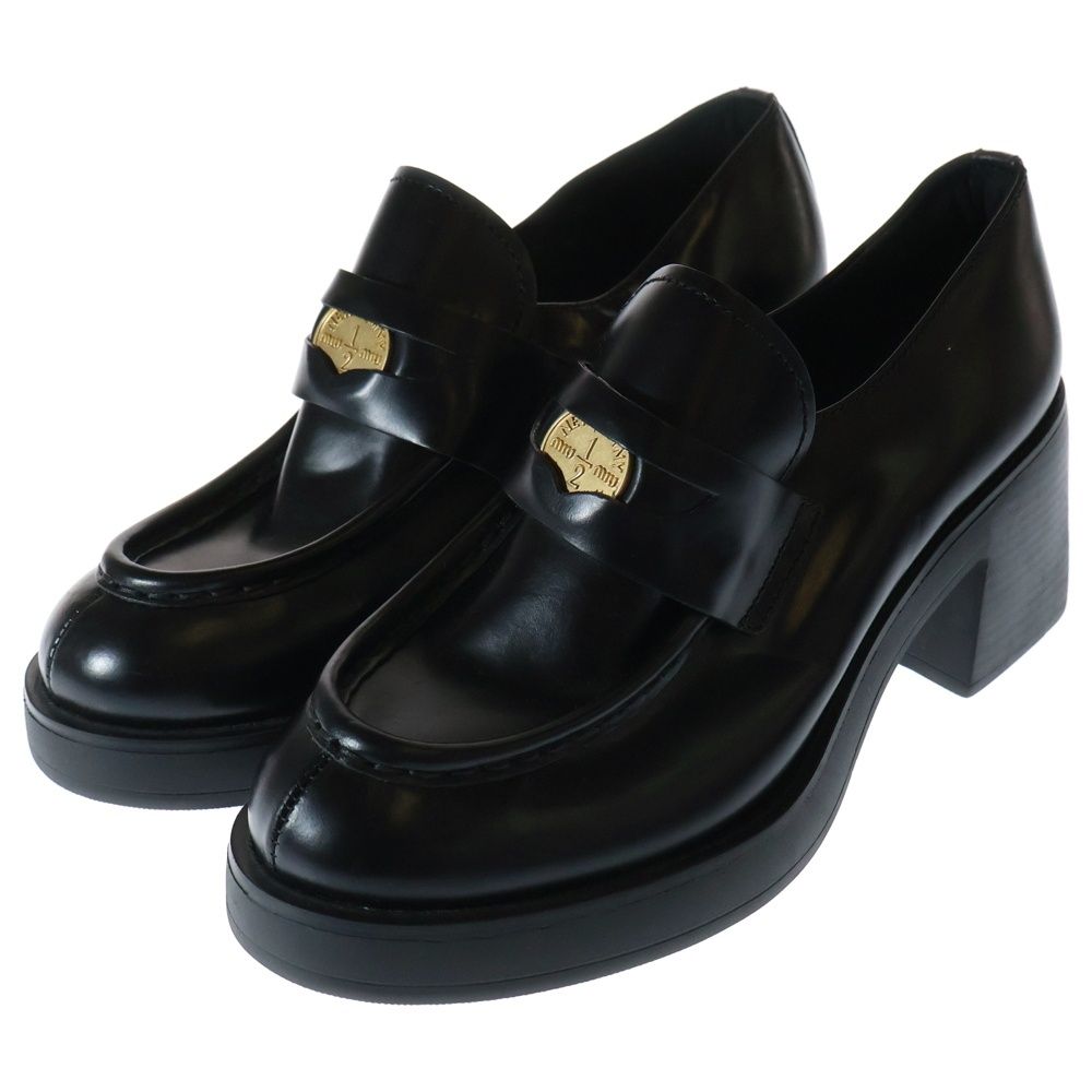 miumiu ミュウミュウ レザー ヒール ローカットシューズ コイン ペニーローファー ブラック レディース
