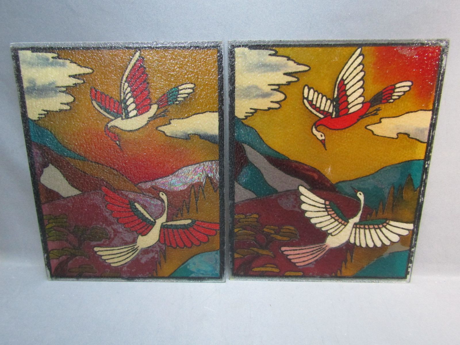 鶴のガラス絵　２枚セット　凹凸ガラス　でこぼこガラス　昭和レトロ-0