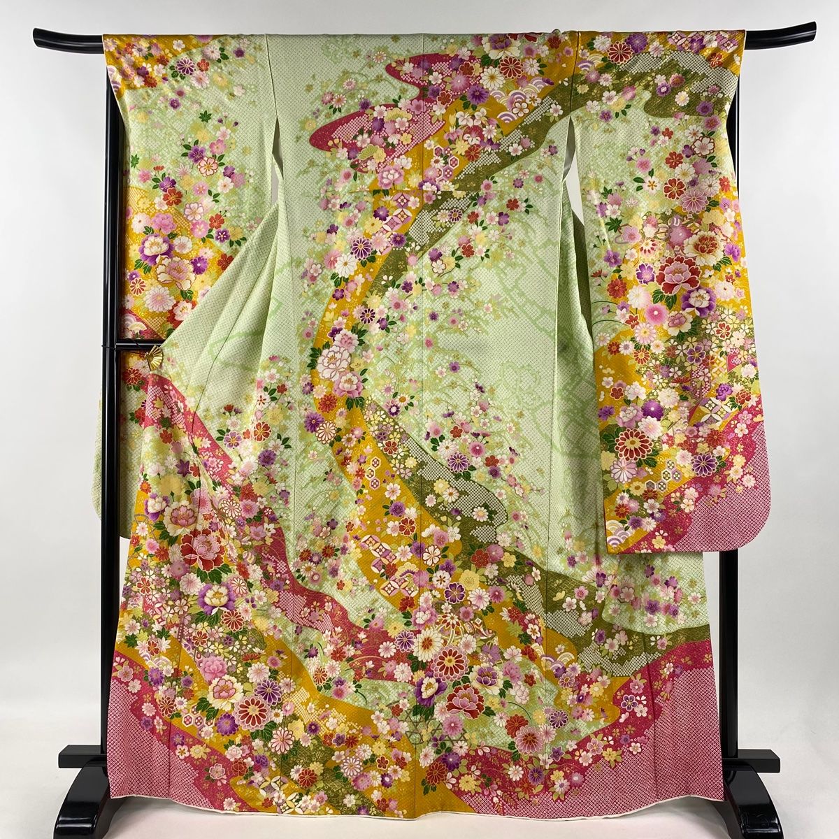 振袖 身丈167cm 裄丈68cm L 袷 鞠 草花 金彩 染め分け 黄緑色 正絹 名品