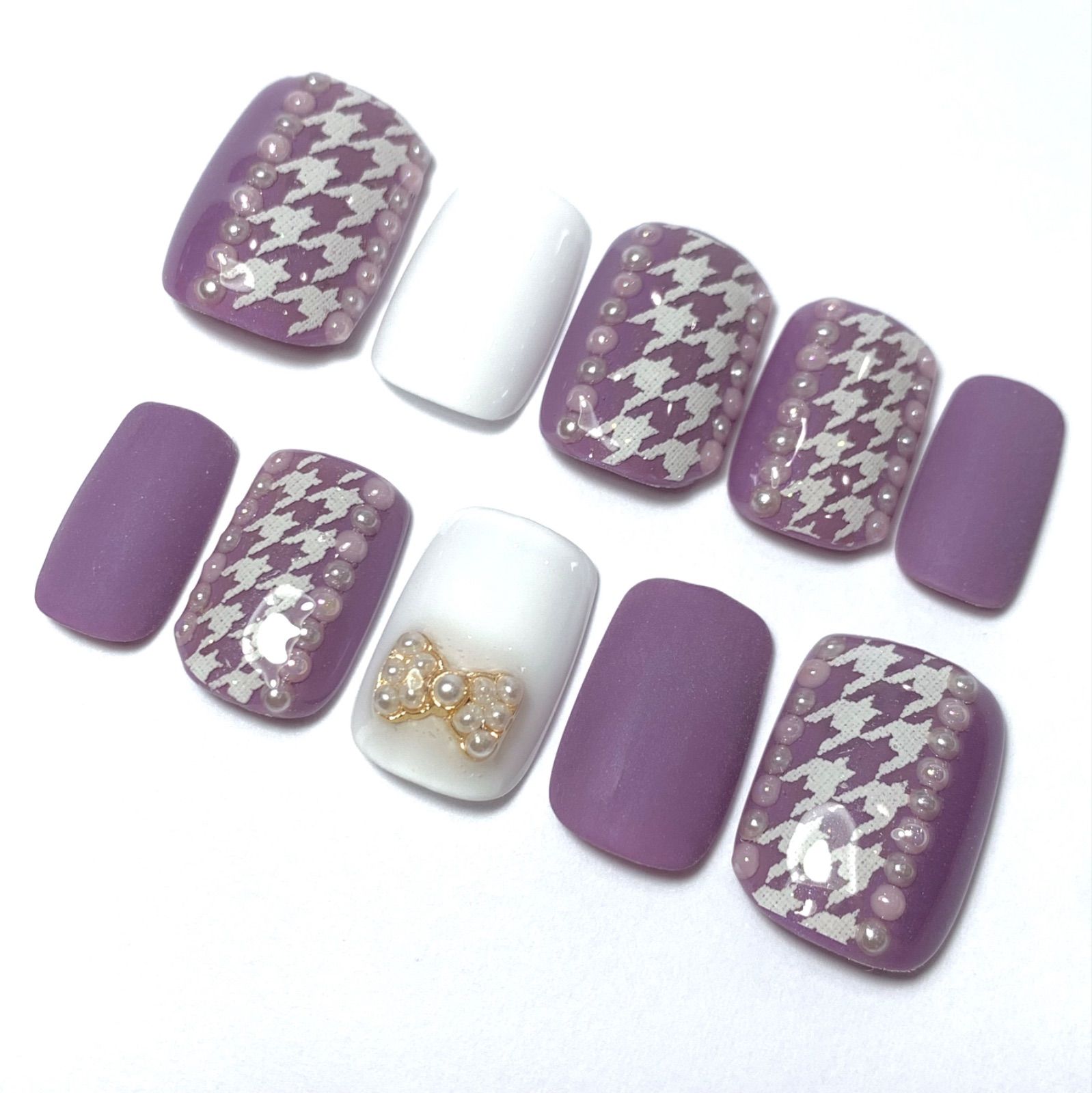 くすみパープル塗りかけネイルチップ 現品限り くすみパープル＆千鳥格子柄ネイルチップ ハンドメイド
