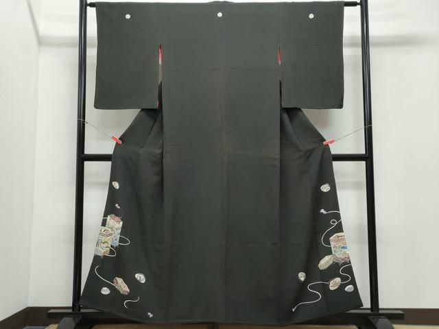 平和屋着物●アンティーク 大正ロマン 黒留袖 刺繍 貝桶飛鶴宝尽くし松文 金糸 正絹 CAAZ0949vf