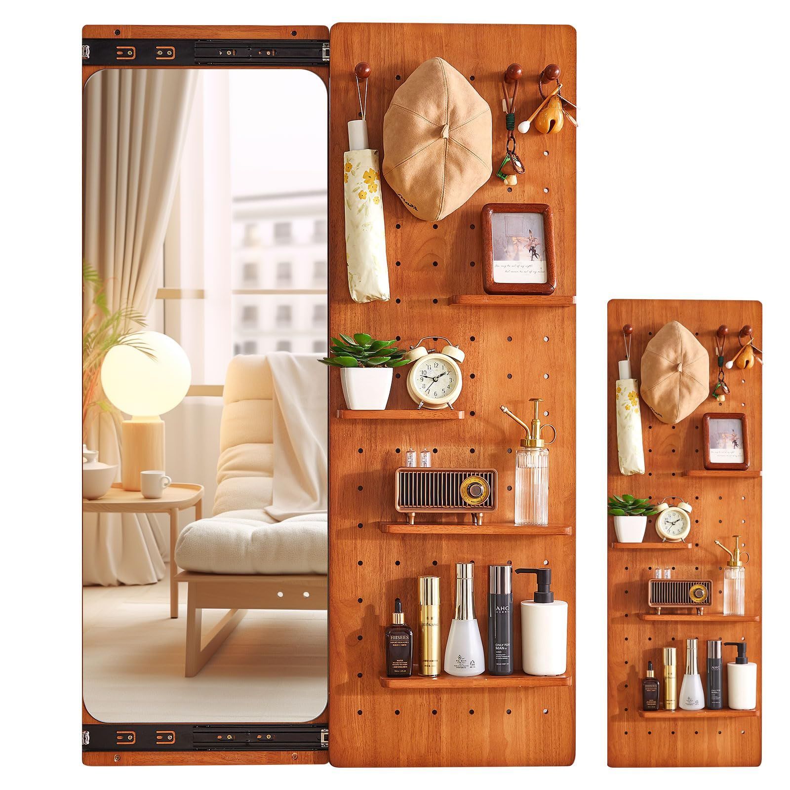 チェリー木色 40×120cm YD-WG001C インテリア装飾 化粧用ミラー 飛散防止 丸角 ピンボード付き 壁収納 隠し扉設計 メイク鏡 大型ミラー 実木製 壁掛け 姿見鏡 全身鏡 Aibiju