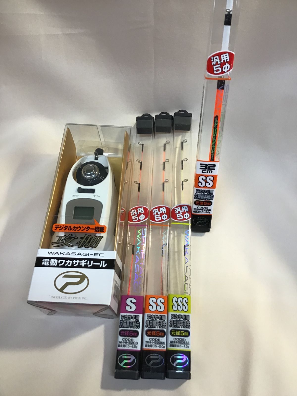 ﾌﾟﾛｯｸｽ STWECW 攻棚ﾜｶｻｷﾞECｶｳﾝﾀｰ付 ﾎﾜｲﾄ ﾜｶｻｷﾞ電動リール＋替え穂先４本セット
