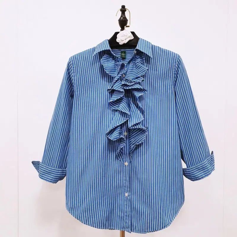 ラルフローレン リメイクシャツ Polo フリル付き半袖シャツ 水色ストライプ ラルフローレン リメイクシャツ Polo フリル付き半袖シャツ 水色