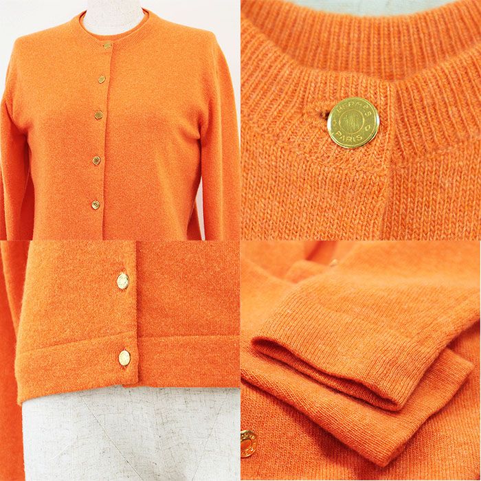 エルメス HERMES 美品 マルジェラ期 カシミヤ カーディガン セリエボタン 長袖 スコットランド製 オレンジ系 Lサイズ HERMES - エルメス マルジェラ期 カシミヤ カーディガン セリエ