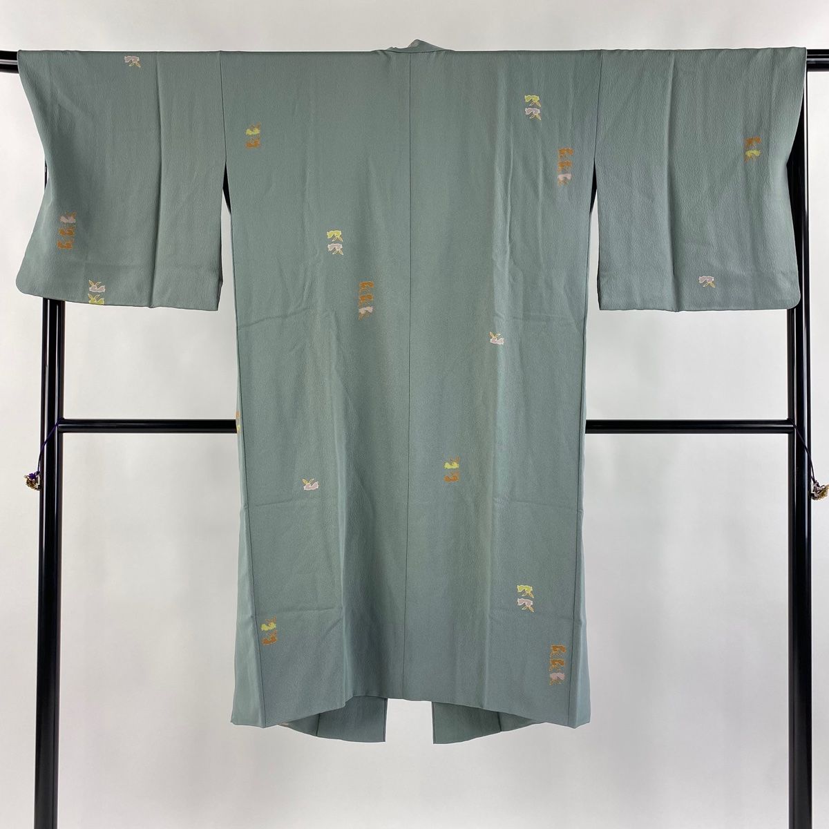 道中着 身丈117cm 裄丈68cm L 和装コート うさぎ 金彩 灰緑 正絹