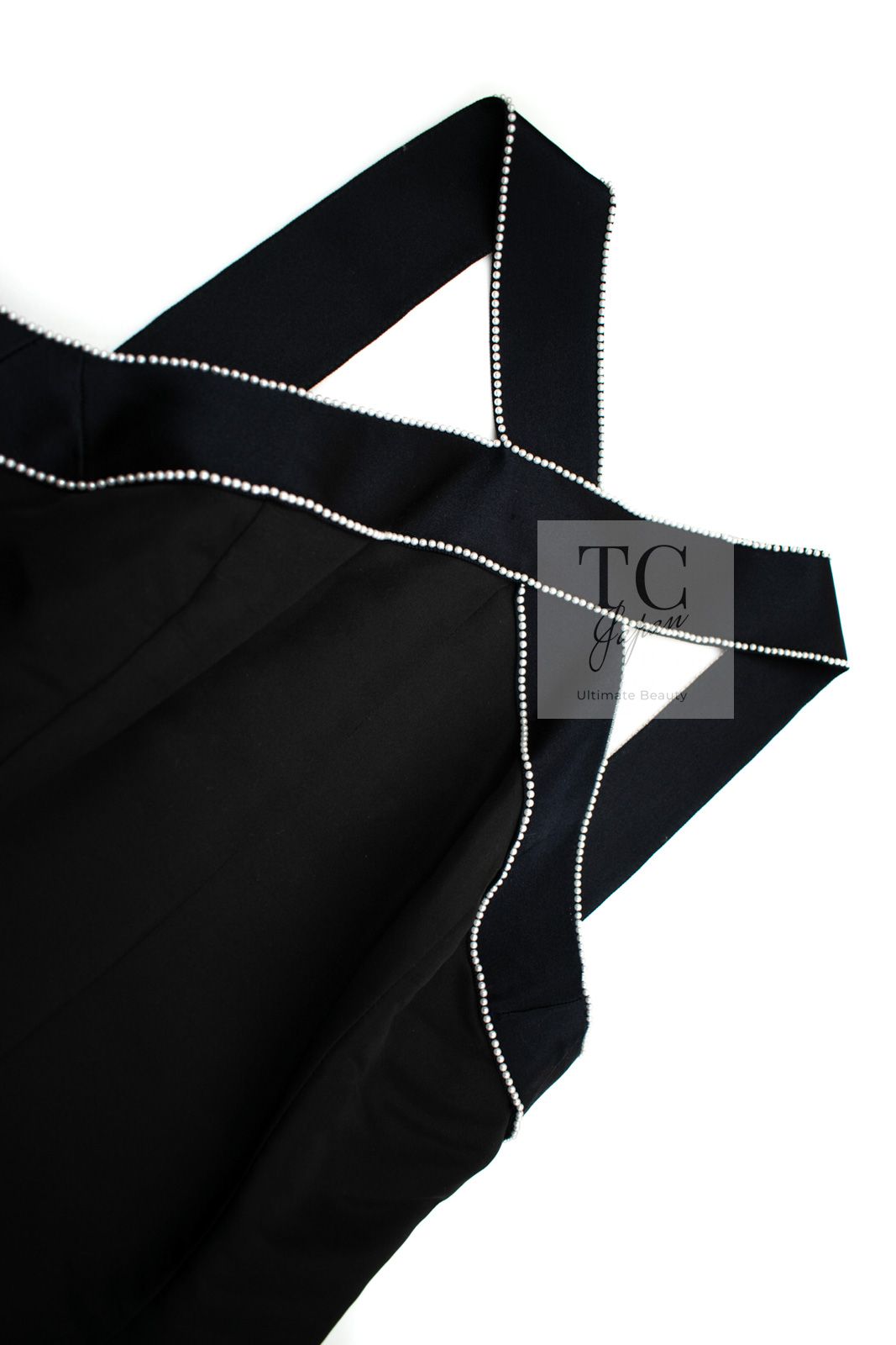 シャネル ワンピース CHANEL ブラック パール トリム シルク ドレス 超美品 34
