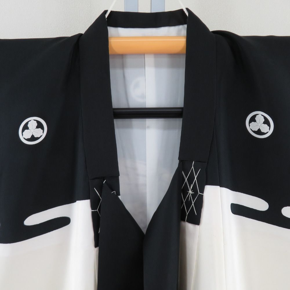 子供着物 男の子用 子供きもの 四つ身 5つ紋 黒色x青色 正絹