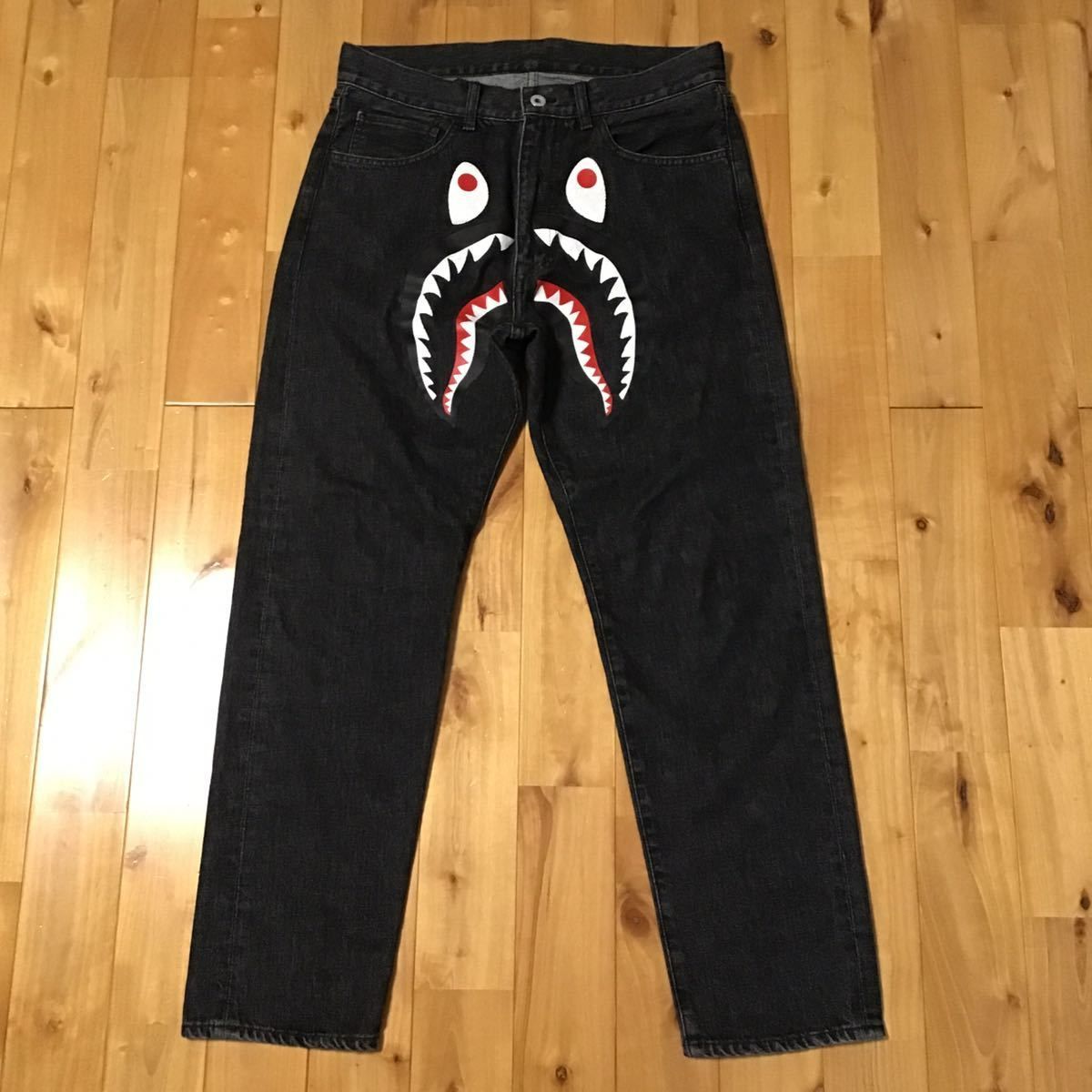 BAPE SHARK WASHED WIDE FIT BLACK DENIM PANTS Mサイズ a bathing ape