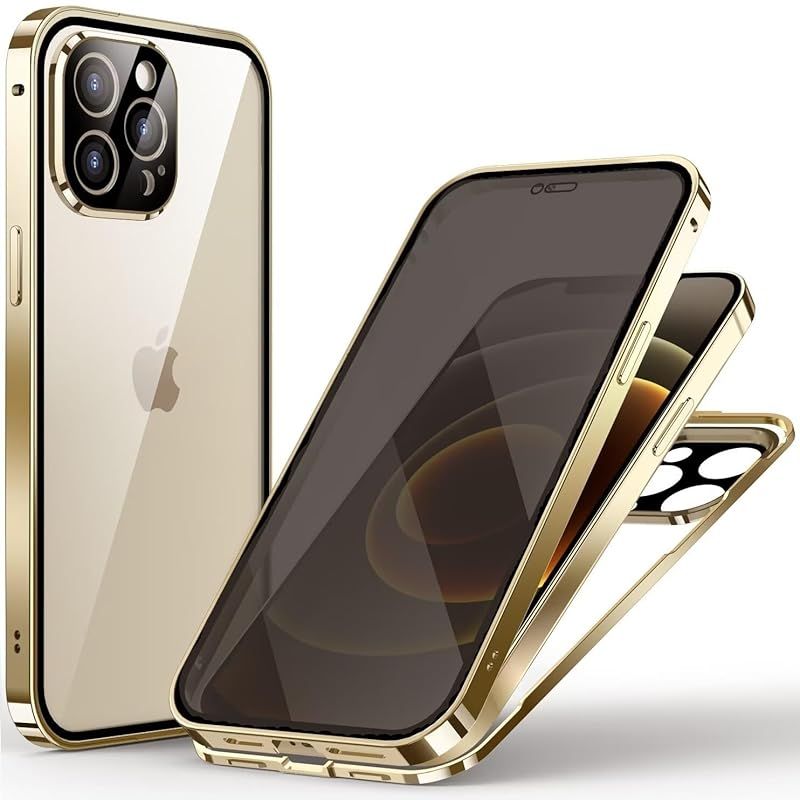 覗き見防止 iPhone 13 Mini 用 ケース ロック付き アルミ バンパー メタルフレーム スマホケース 強化ガラスフィルム 一体型レンズ保護 マグネット式アイフォン13mini 両面ケース，ゴールド