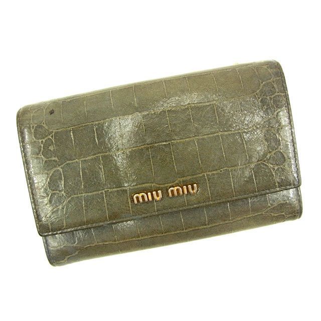 miu miu グレー 三つ折り財布型押し